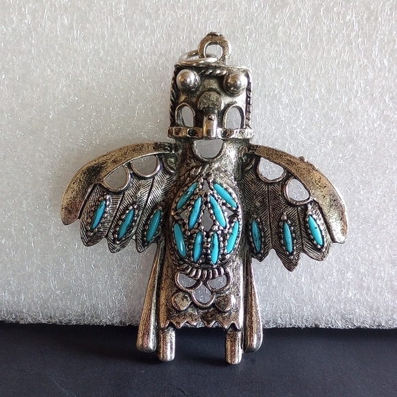 Vintage Navajo Silver plated Kachina Eagle Dancer Pendant Large Signed B.J. - Picture 6 of 7